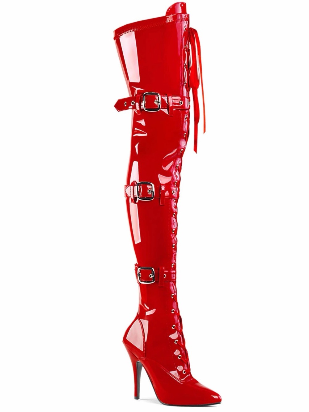 Pleaser | SED3028/R | Red Patent Over-the-Knee Lace & Buckle Stiletto Boot | 9